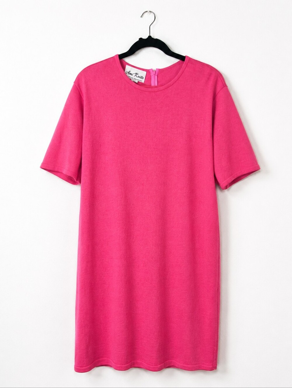 Vintage 80s Hot Pink Knit Shift Dress Mod Minimalist Barbiecore Retro Size 14